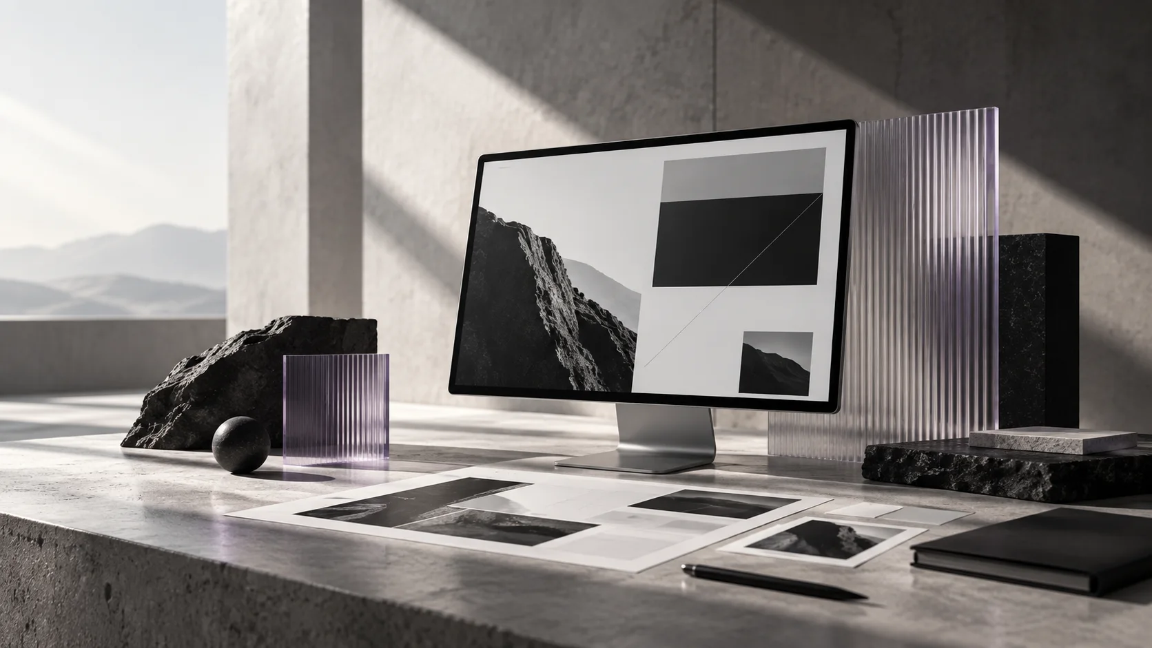 A studio desk with a monitor showing an abstract layout, black volcanic stone, and a ribbed violet glass panel in natural daylight
