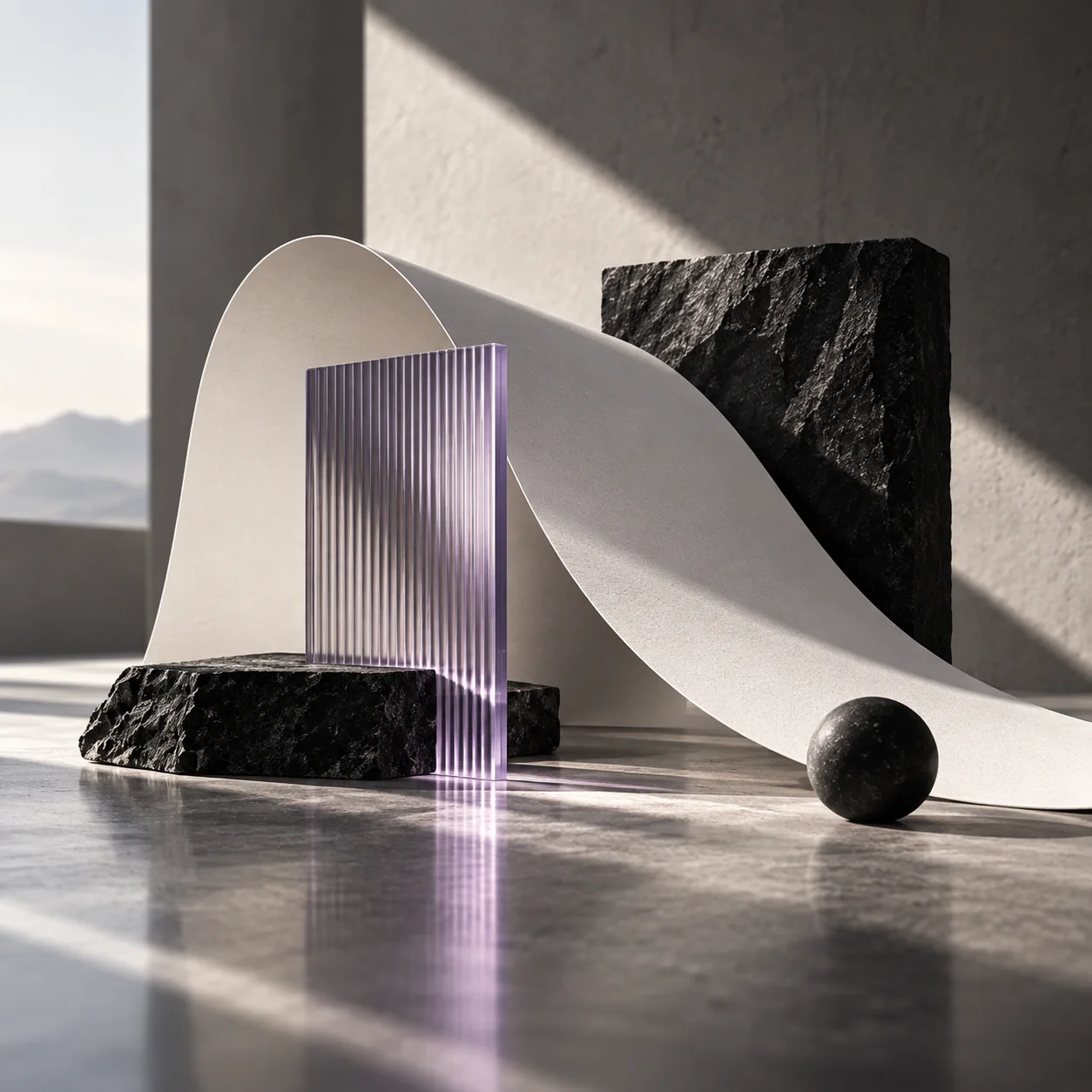 An abstract still life of black stone, a ribbed violet glass panel, and curved paper under directional daylight