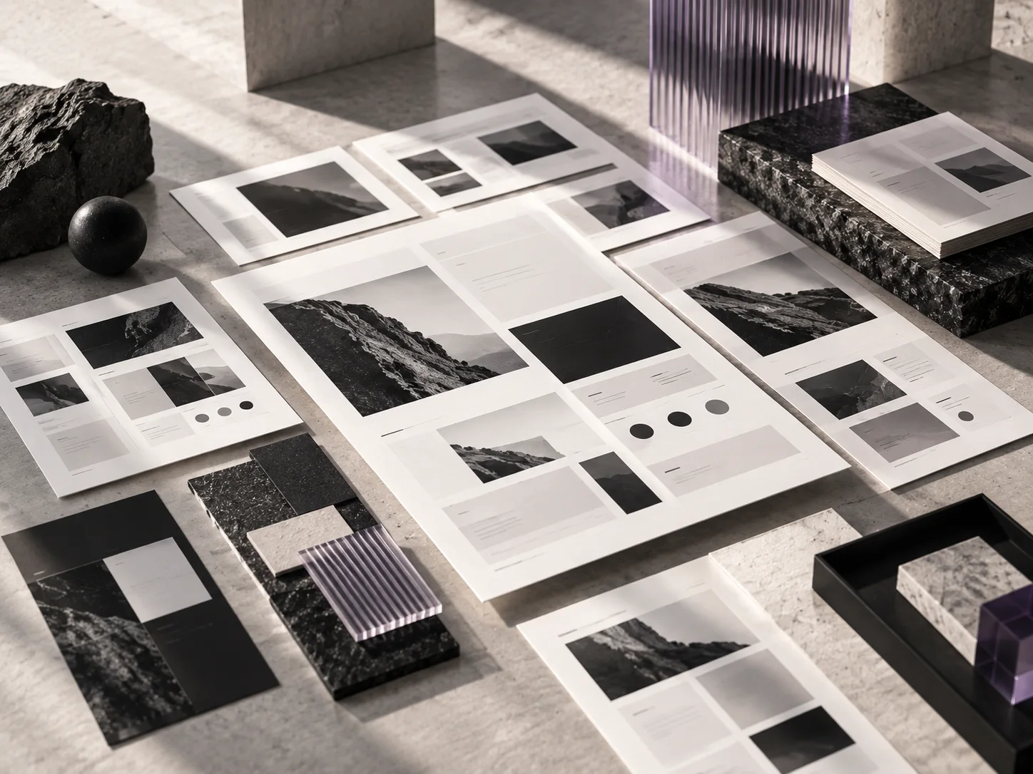 Printed page layouts spread across a stone table, each arranging the same grid differently, beside black stone and ribbed violet glass