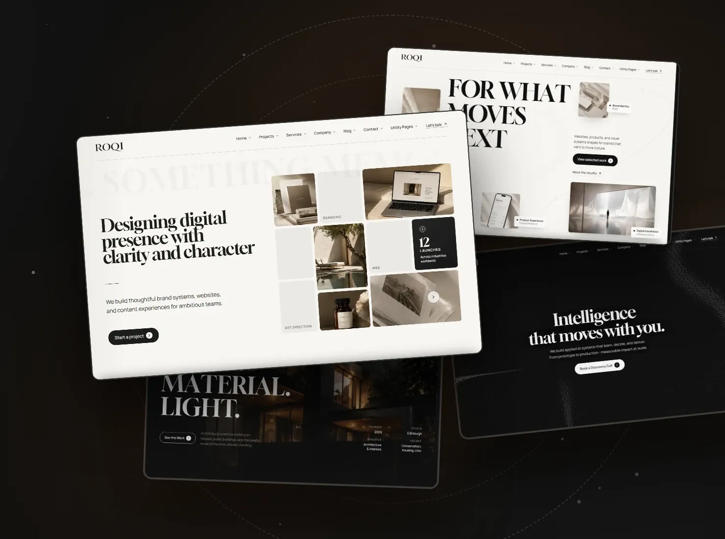 Four Roqi demo pages layered over a dark ground: the Creative Agency and Digital Studio homepages in front, with the Architecture Studio and AI Studio pages behind them